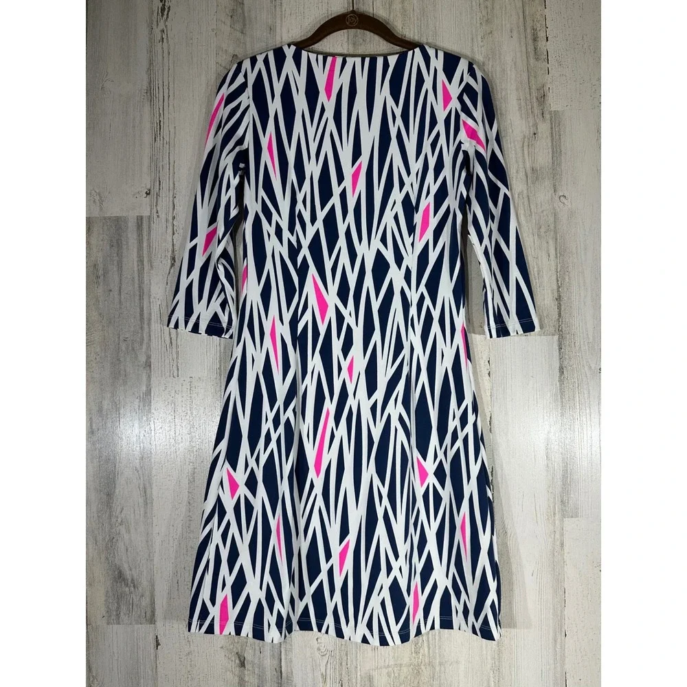 Mahi Gold Navy White‎ Pink Shift Dress Size XXS Geometric Print 3/4 Sleeve